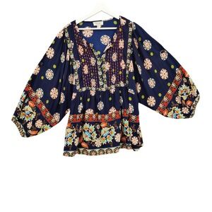 Orientique Womens Boho Floral Pintuck Peasant Blouse Large Navy Blue Wide Sleeve